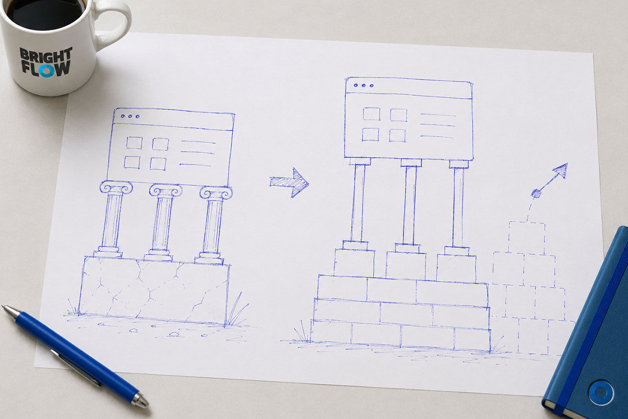 Verouderde software op gebarsten stenen pilaren wordt vervangen door een moderne, schaalbare constructie op een stevige fundering, met een groeipijl omhoog