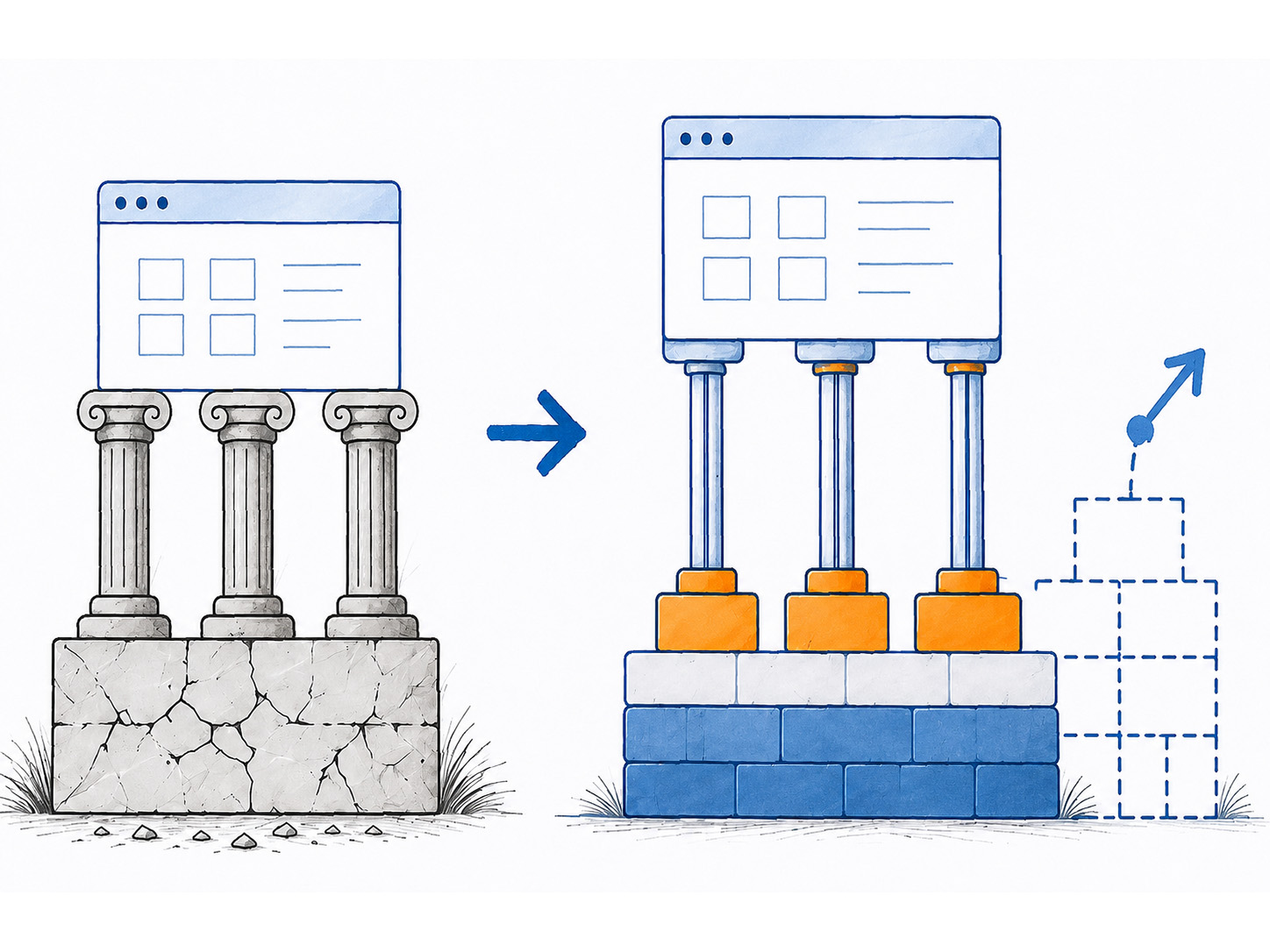 Verouderde software op gebarsten stenen pilaren wordt vervangen door een moderne, schaalbare constructie op een stevige fundering, met een groeipijl omhoog